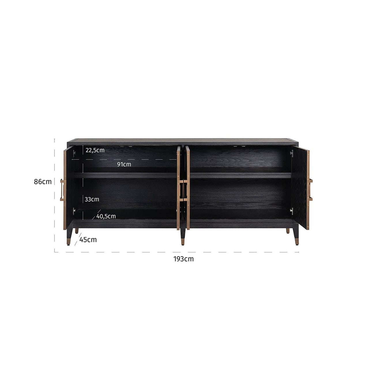 Sideboard mit 4 Türen aus schwarzem Holz und Rochenleder mit Messinggriffen