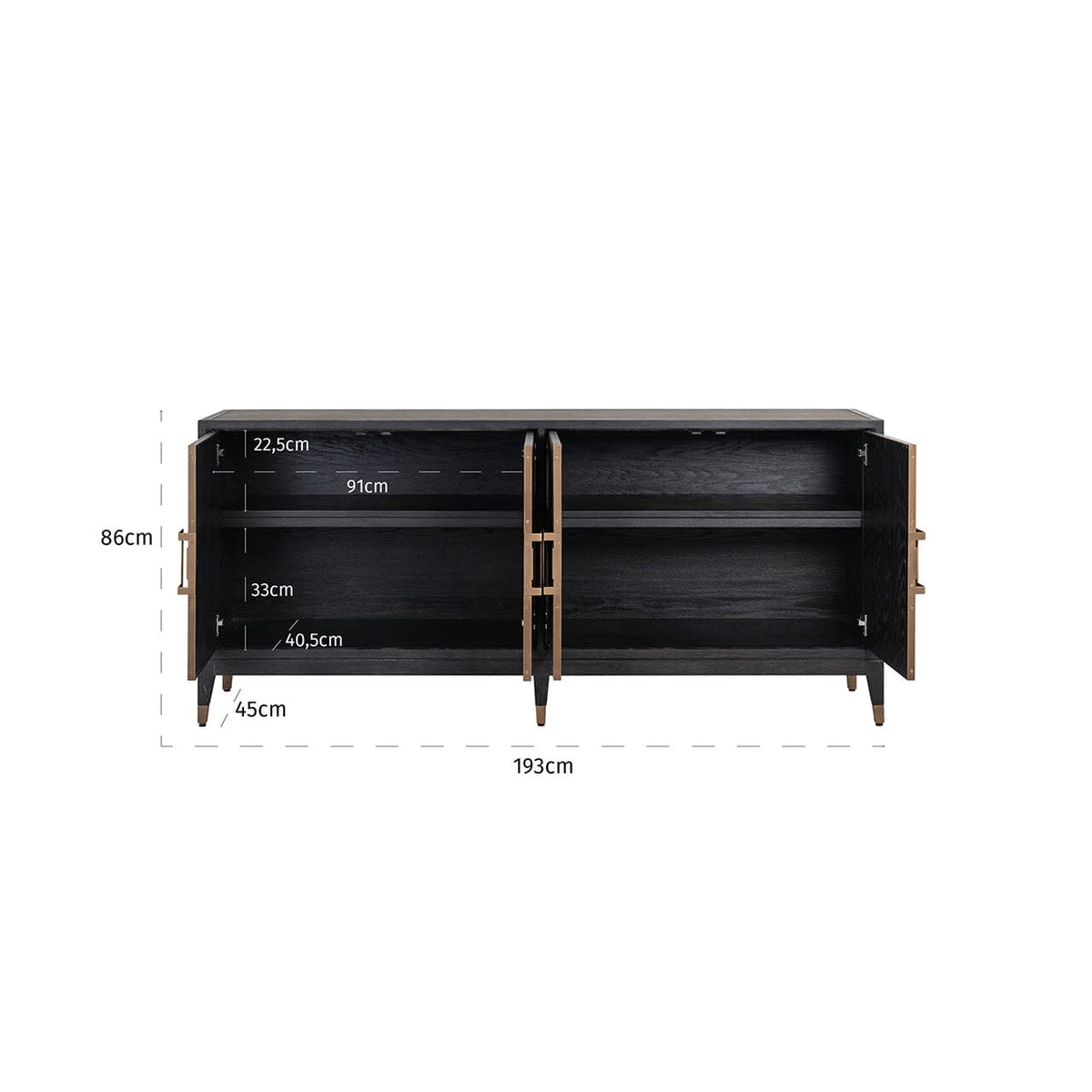 Sideboard mit 4 Türen aus schwarzem Holz und Rochenleder mit Messinggriffen