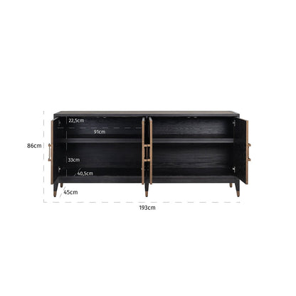 Sideboard mit 4 Türen aus schwarzem Holz und Rochenleder mit Messinggriffen