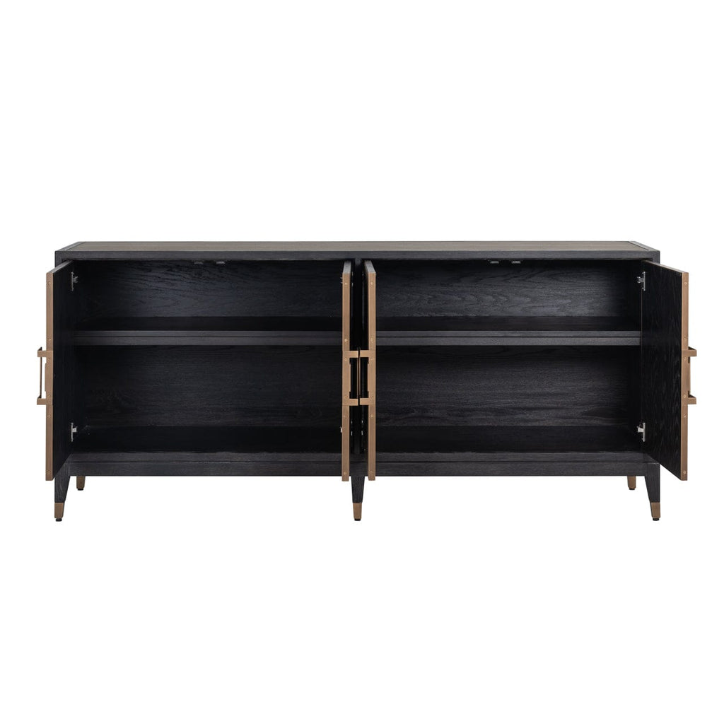 Sideboard mit 4 Türen aus schwarzem Holz und Rochenleder mit Messinggriffen