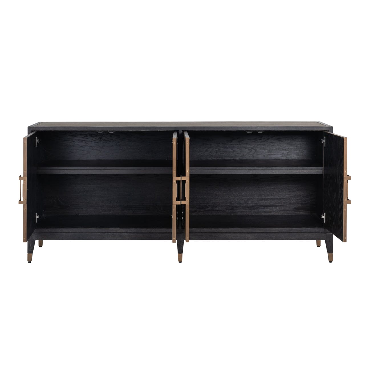 Sideboard mit 4 Türen aus schwarzem Holz und Rochenleder mit Messinggriffen