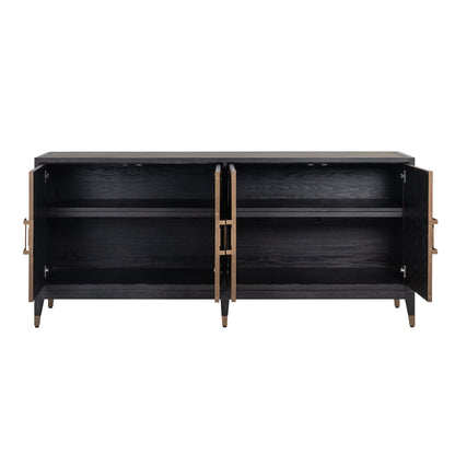 Sideboard mit 4 Türen aus schwarzem Holz und Rochenleder mit Messinggriffen