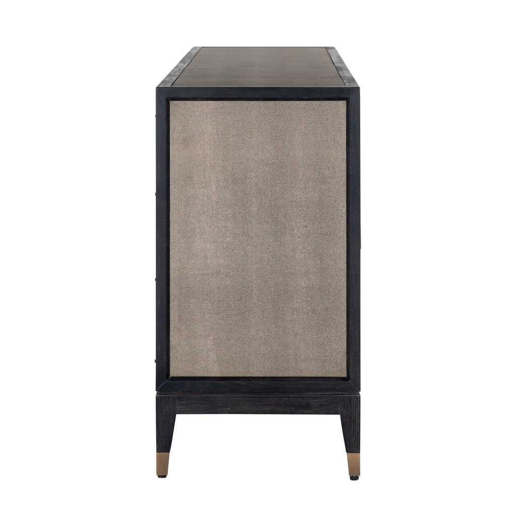 Sideboard mit 4 Türen aus schwarzem Holz und Rochenleder mit Messinggriffen