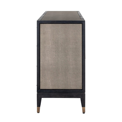 Sideboard mit 4 Türen aus schwarzem Holz und Rochenleder mit Messinggriffen