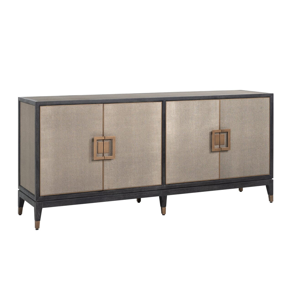 Sideboard mit 4 Türen aus schwarzem Holz und Rochenleder mit Messinggriffen