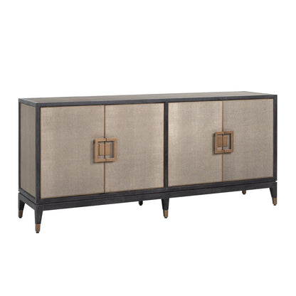 Sideboard mit 4 Türen aus schwarzem Holz und Rochenleder mit Messinggriffen