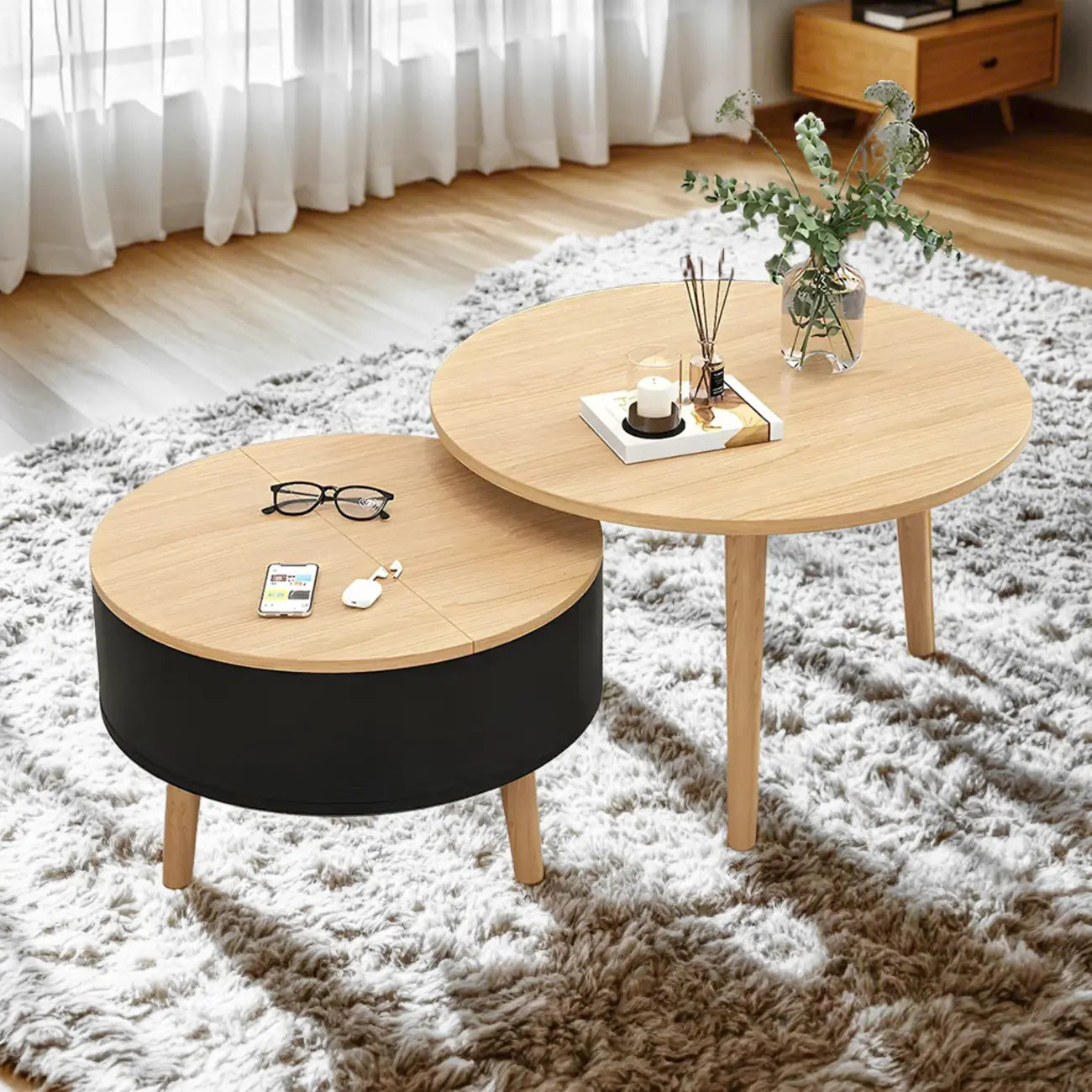 Schwarz Weiß Moderner Runder Couchtisch aus Holz mit Stauraum