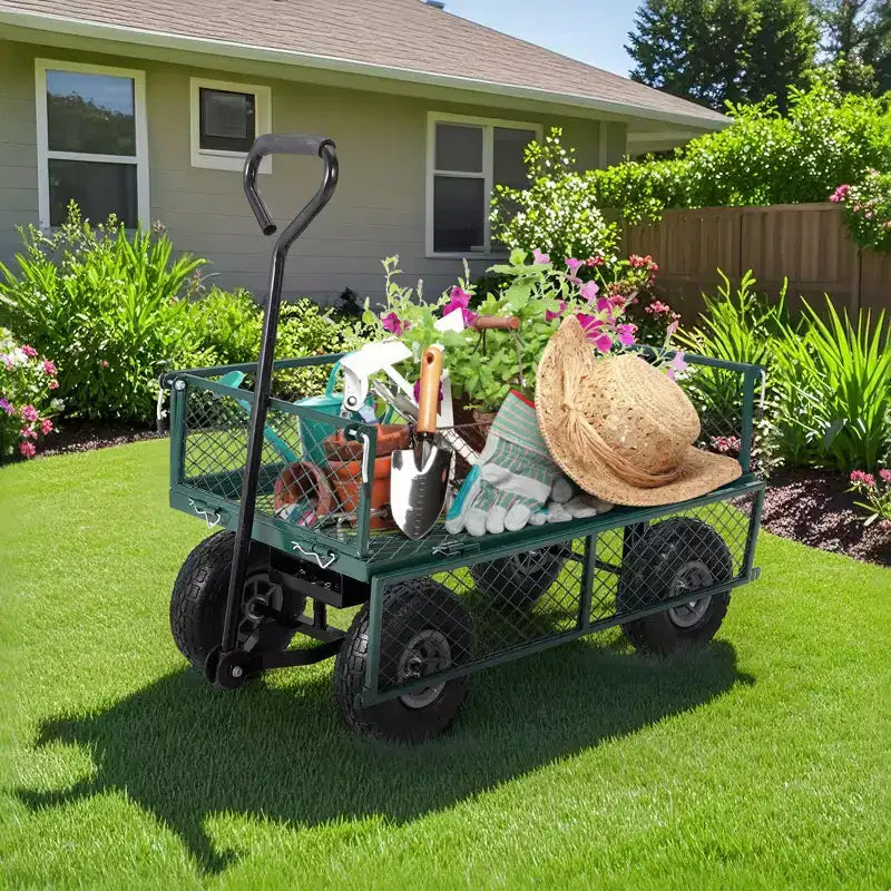 Hochleistungs-Stahl-Gartenwagen, 500 Lbs, klappbarer Gerätewagen mit abnehmbaren Gitterseiten und Einlage, 10 pneumatische Reifen, Ziehgriff