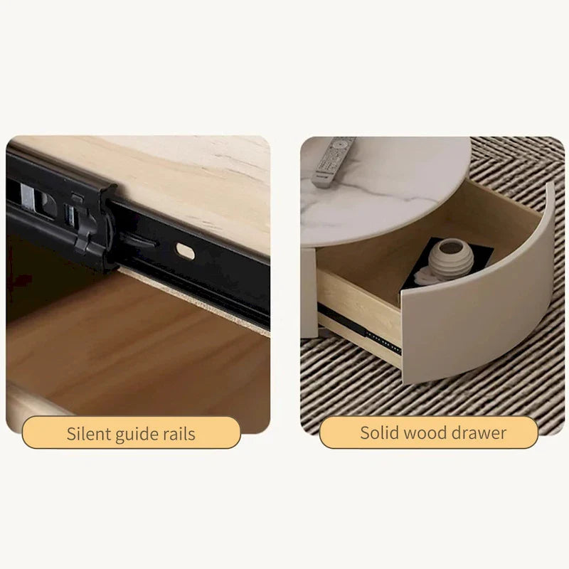 Moderner runder Couchtisch, Stein-Tischplatte, Naturholz - 50 x 31.5