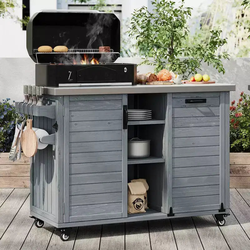 FAMYYT 78,3-Zoll-Outdoor-Kücheninsel mit Edelstahl-Arbeitsplatte, faltbarer BBQ-Station und Aufbewahrungsschränken, Graublau