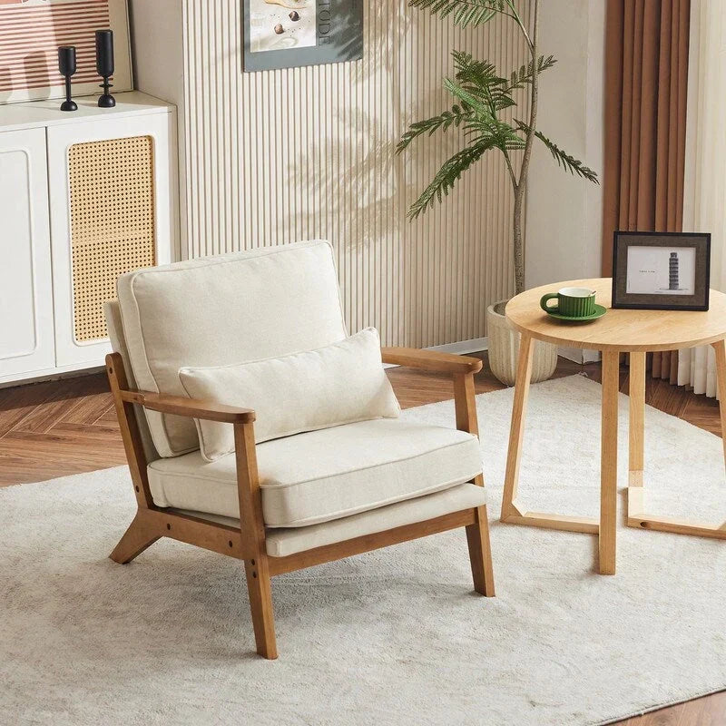 Polster-Akzentsessel aus Leinenmischgewebe mit Holzbeinen und einem Kissen, Beige