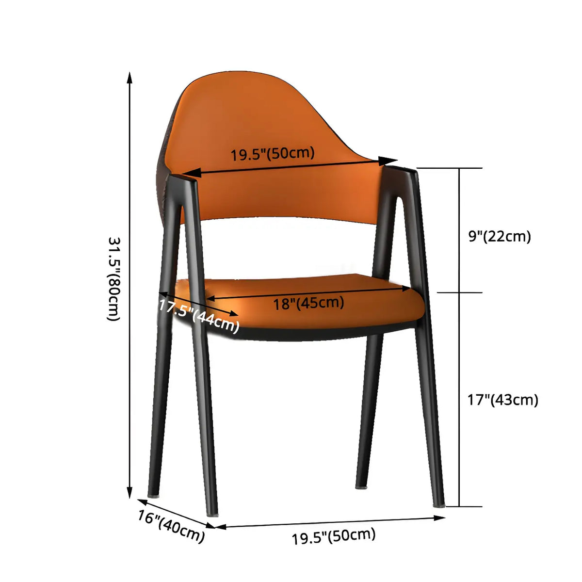 Moderner Leder-Esszimmerstuhl mit geschwungener offener Rückenlehne und Armlehnen
