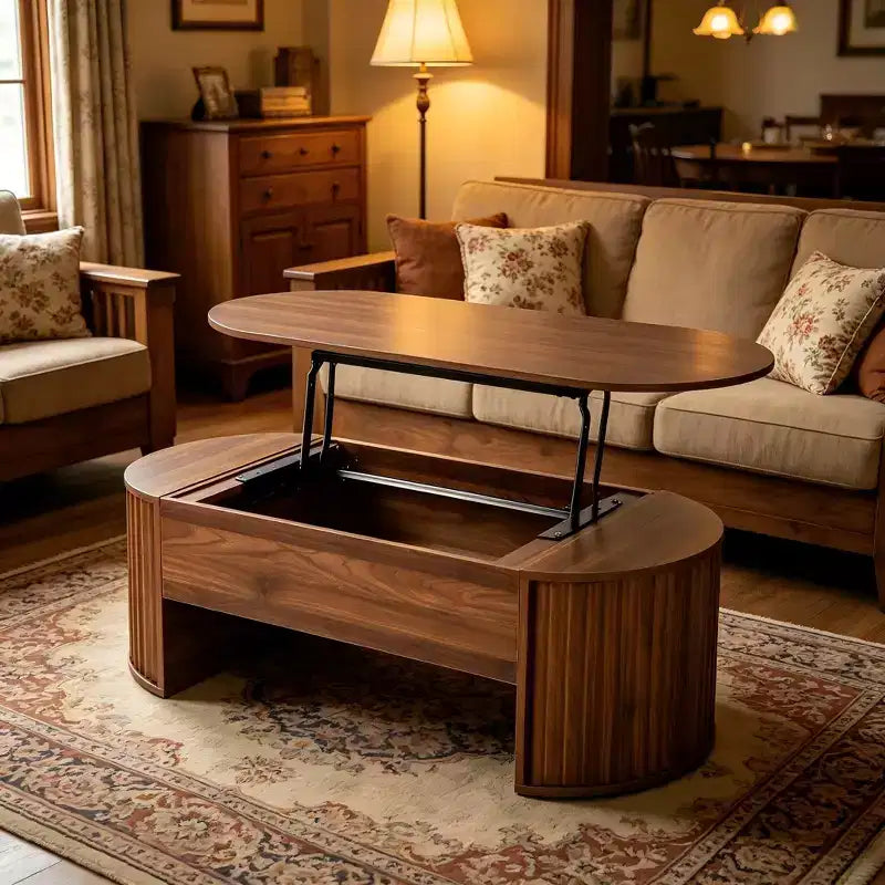 47.2 Couchtisch mit Hebeplatte und verstecktem Fach, oval, braun