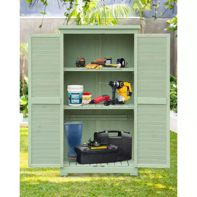 160 cm wetterfester Outdoor-Geräteschuppen, mit herausnehmbaren Einlegeböden, Schlössern, doppelten Flügeltüren, hoher Gartengeräteschuppen aus Holz mit Boden für Terrasse, Hof