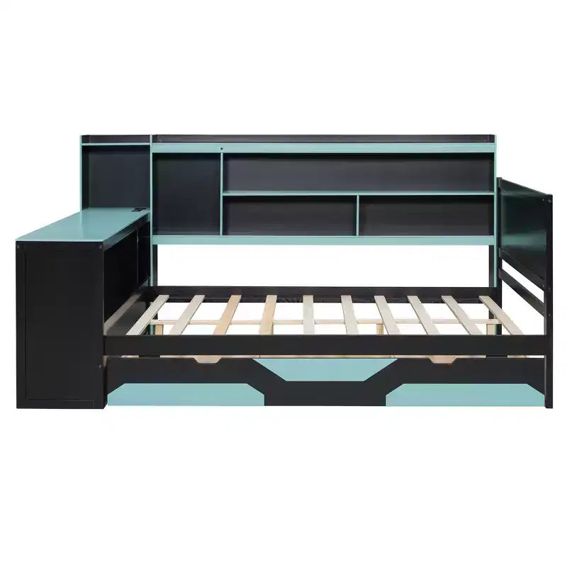 Gaming-Tagesbett (Queen-Size/Full-Size) mit Kopfteilregal, LED-Beleuchtung, integriertem Schreibtisch, Schubladen und Ladestation