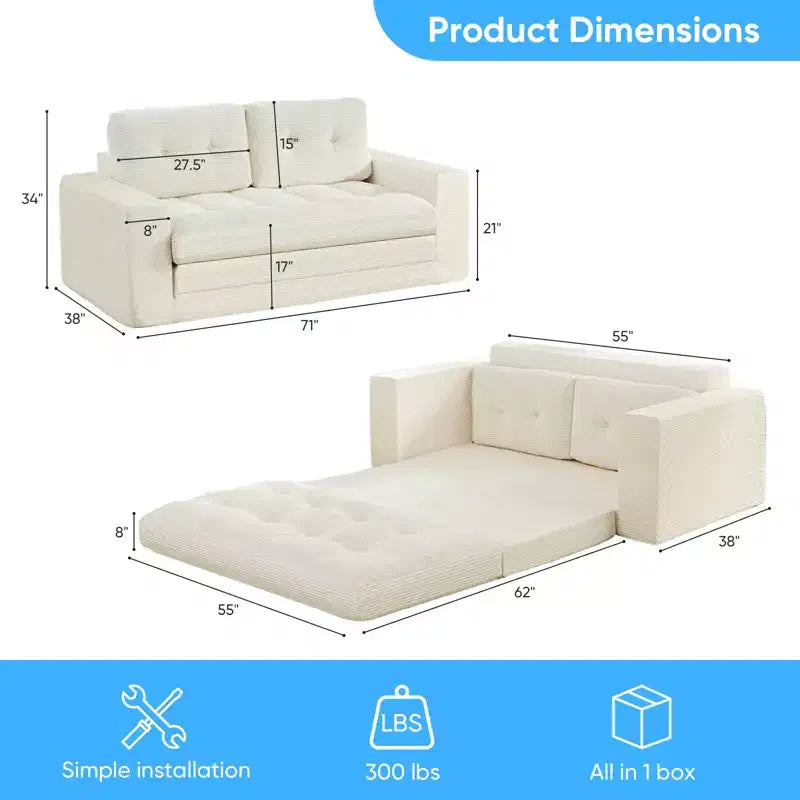 Mjkone 71" 2-in-1 Schlafsofa, umwandelbar, gerippter Stoff, klappbares Zweisitzer-Schlafsofa mit geknöpften Polstern, platzsparend