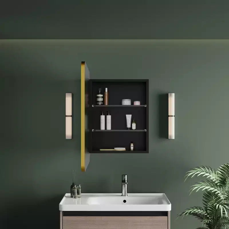 Schwarzer / Weißer / Goldener LED-Spiegelschrank, einzelne Tür, links- oder rechts angeschlagen, Einbau- oder Wandmontage