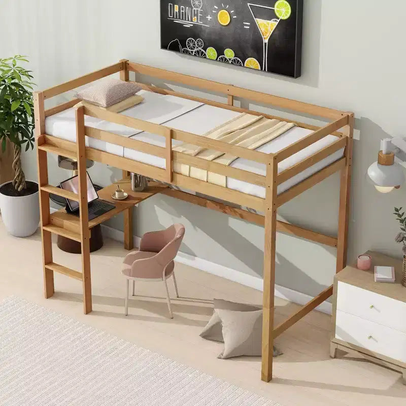 Okak Minimalism Hochbett mit Leiter, Hochbett aus Kautschukholz mit Sicherheitsgeländer und integriertem Schreibtisch, Bettrahmen für Kinder, Jugendliche