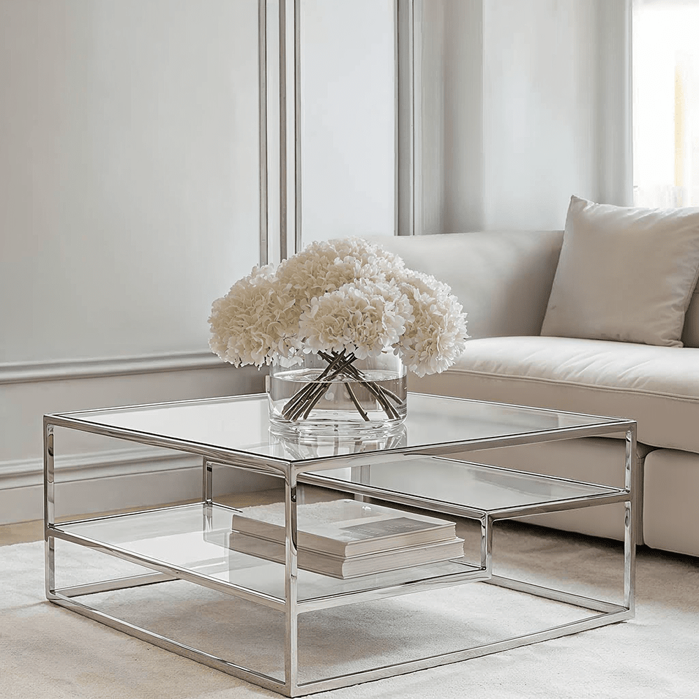 Etageren-Couchtisch aus Silber & Glas