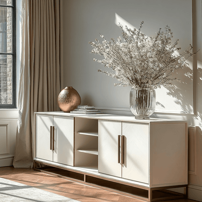 Cremefarbenes Sideboard aus Eichenfurnier mit 4 Türen und Messingdetails