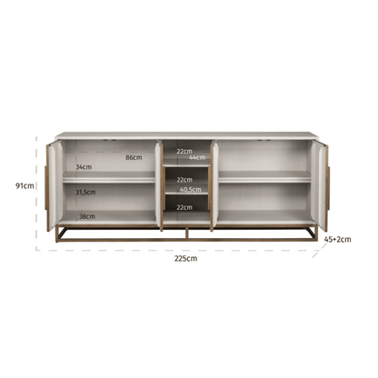 Cremefarbenes Sideboard aus Eichenfurnier mit 4 Türen und Messingdetails