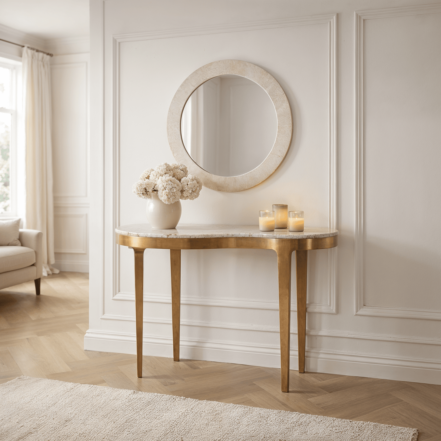 Antike Konsolentisch mit abstrakter Form aus Bronze und taupefarbener Marmorplatte