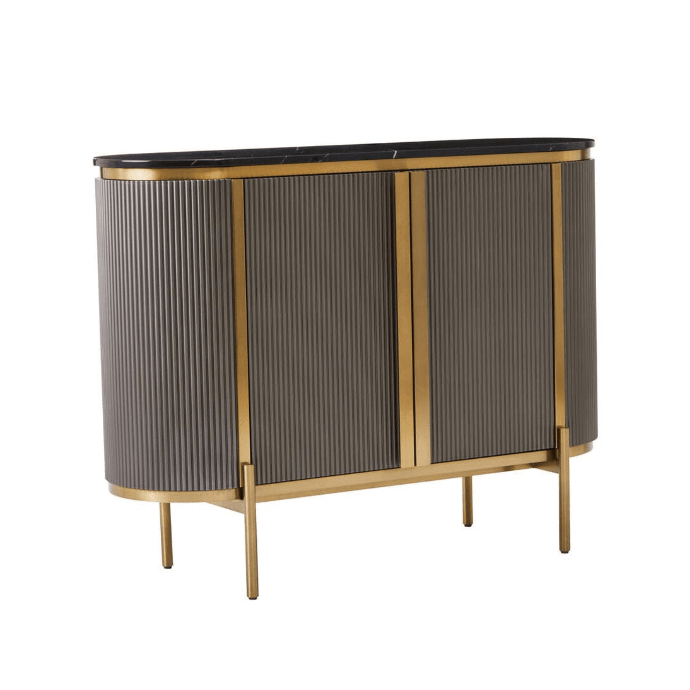 Graues & goldenes geriffeltes Sideboard mit 2 Türen und schwarzer Marmorplatte