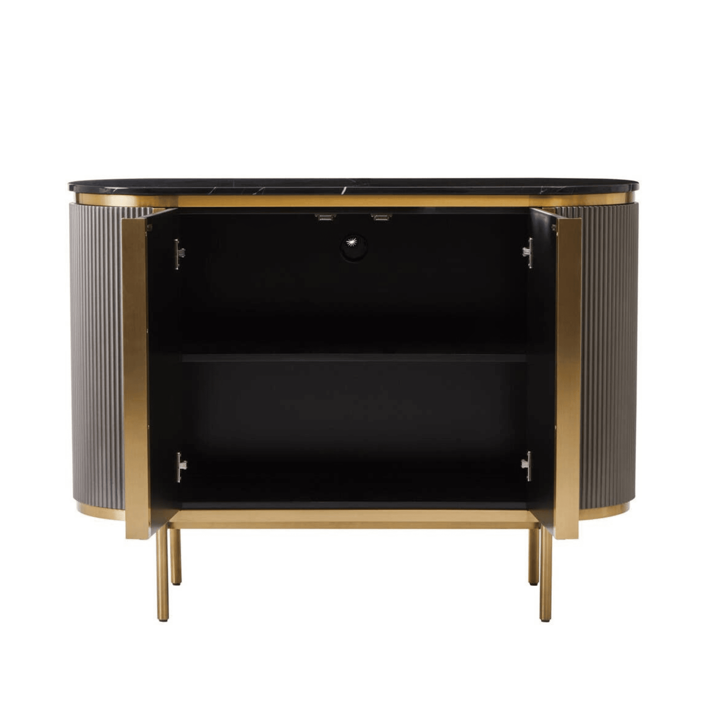 Graues & goldenes geriffeltes Sideboard mit 2 Türen und schwarzer Marmorplatte