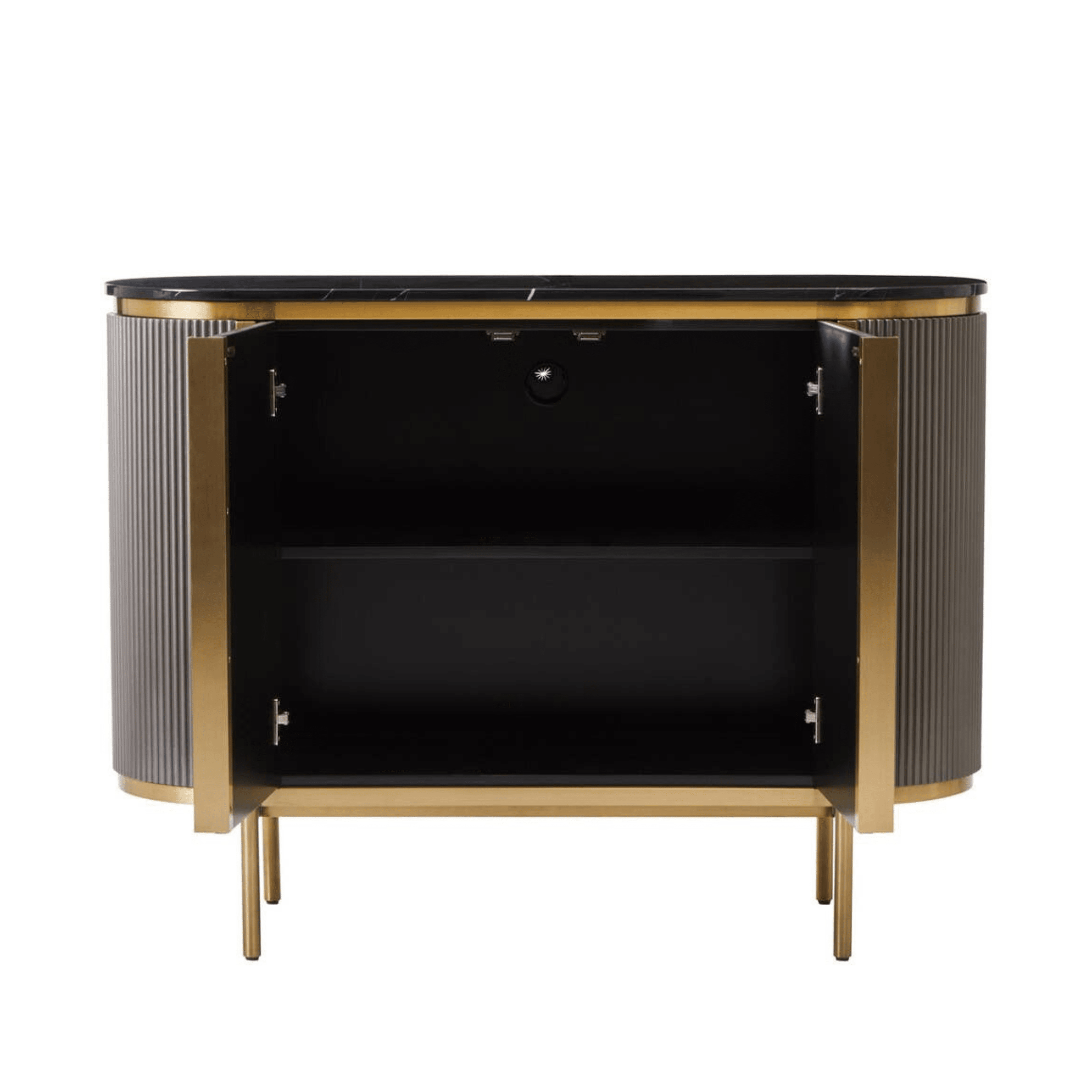 Graues & goldenes geriffeltes Sideboard mit 2 Türen und schwarzer Marmorplatte