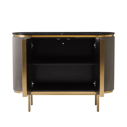 Graues & goldenes geriffeltes Sideboard mit 2 Türen und schwarzer Marmorplatte