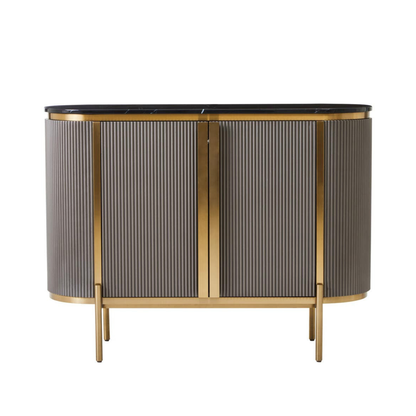 Graues & goldenes geriffeltes Sideboard mit 2 Türen und schwarzer Marmorplatte