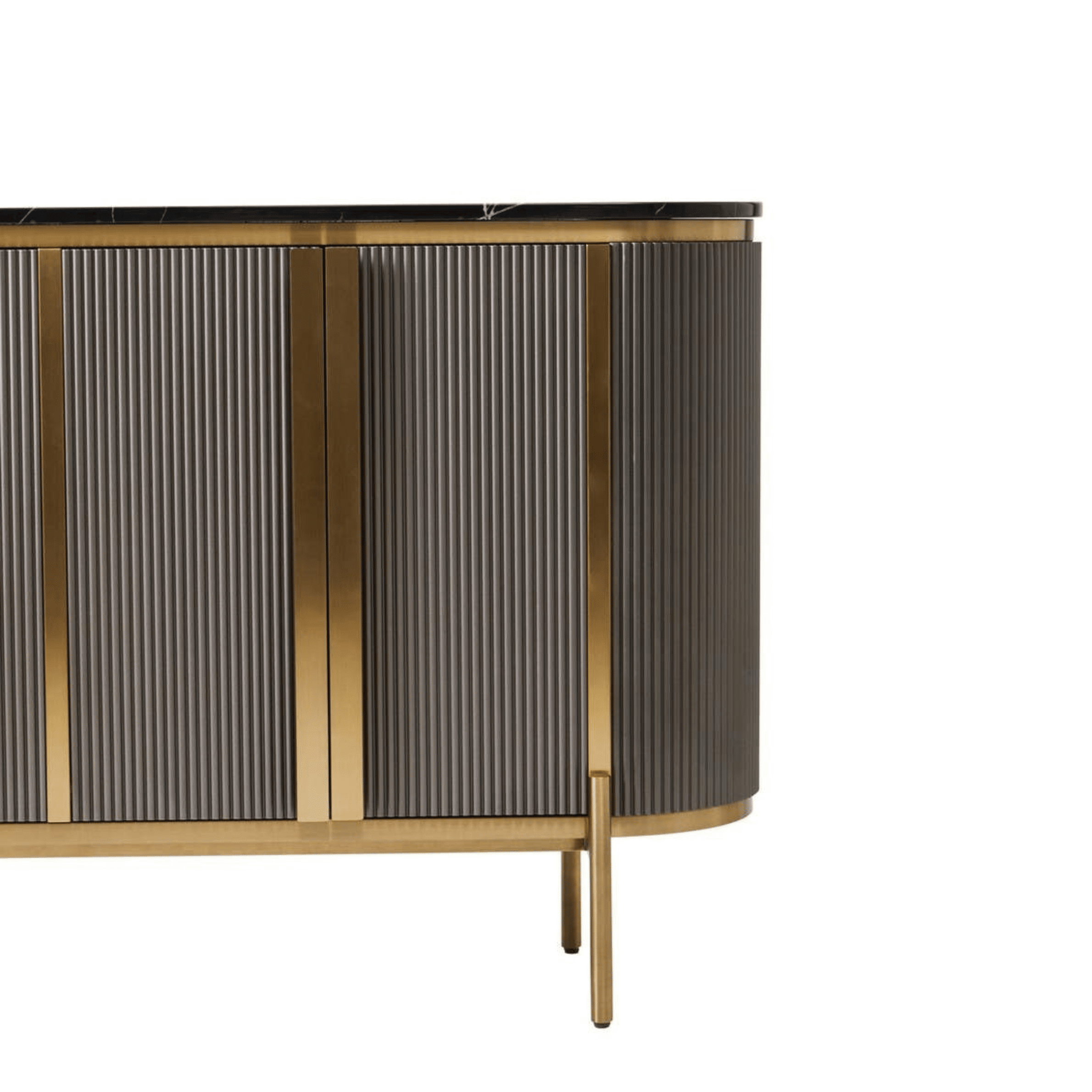 Graues & goldenes geriffeltes Sideboard mit 4 Türen und schwarzer Marmorplatte