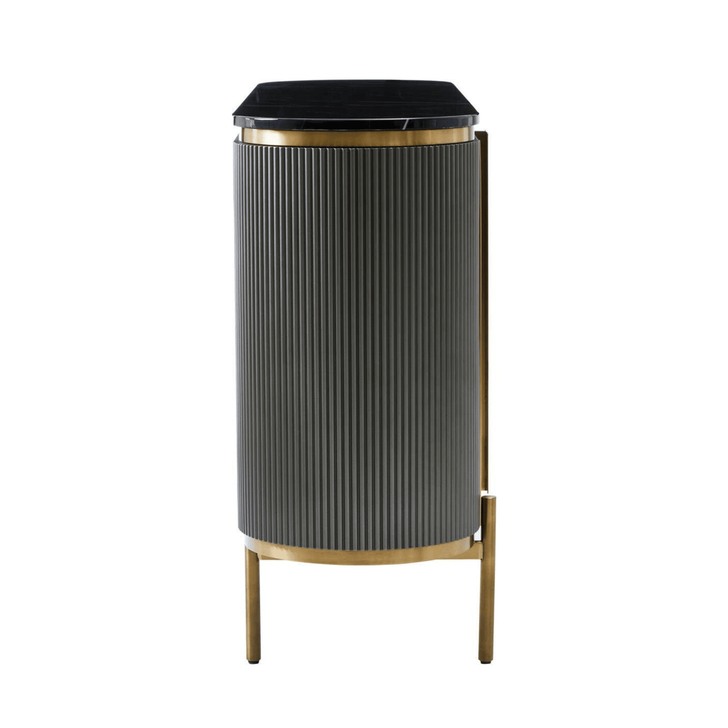 Graues & goldenes geriffeltes Sideboard mit 4 Türen und schwarzer Marmorplatte