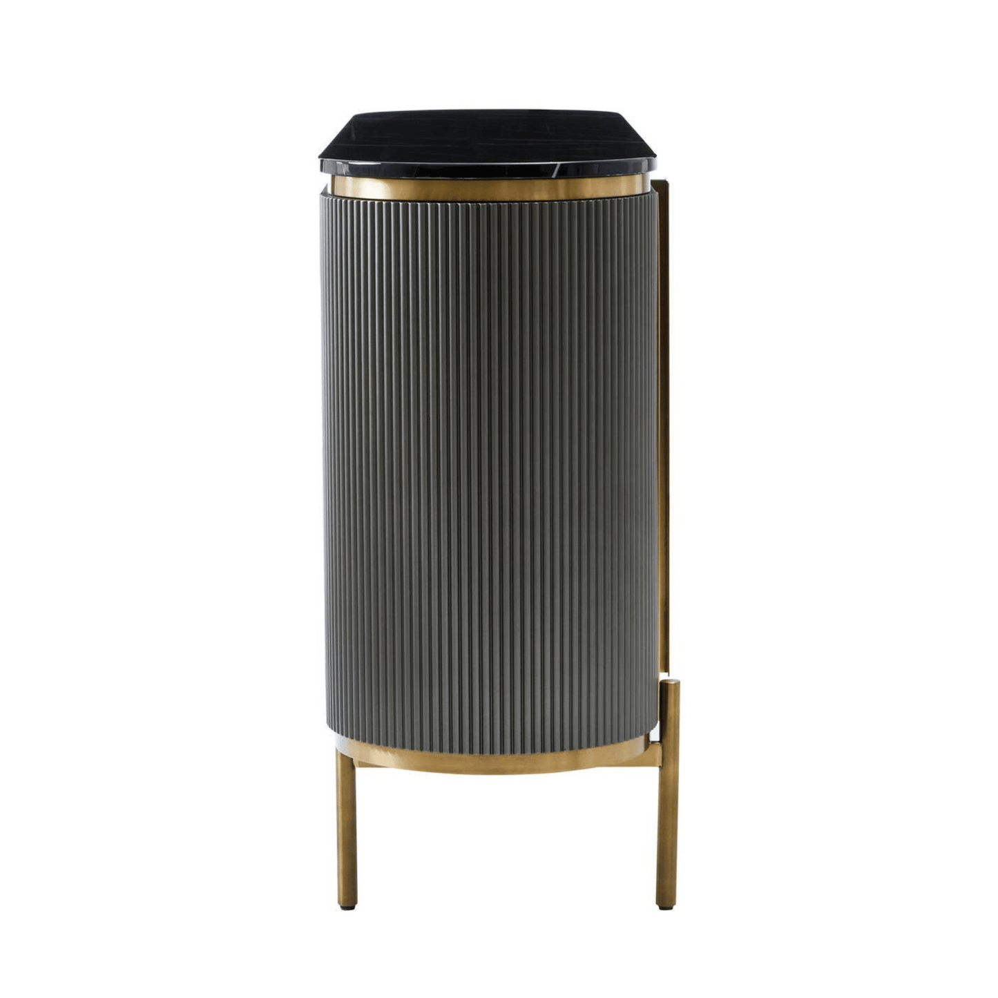 Graues & goldenes geriffeltes Sideboard mit 4 Türen und schwarzer Marmorplatte