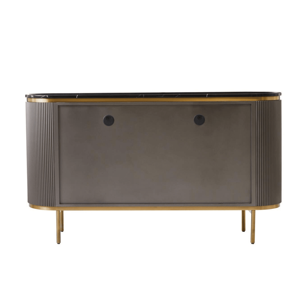Graues & goldenes geriffeltes Sideboard mit 4 Türen und schwarzer Marmorplatte