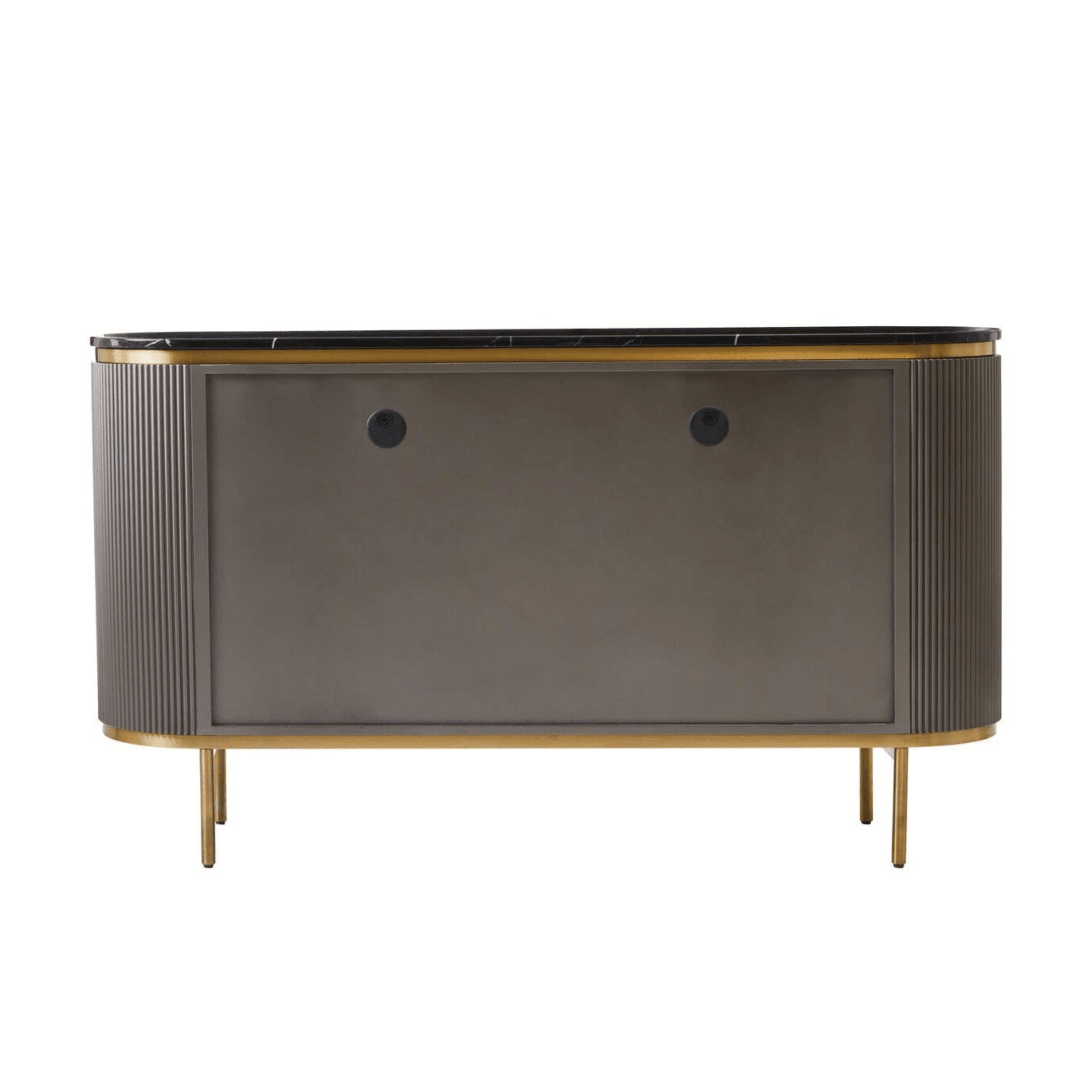 Graues & goldenes geriffeltes Sideboard mit 4 Türen und schwarzer Marmorplatte