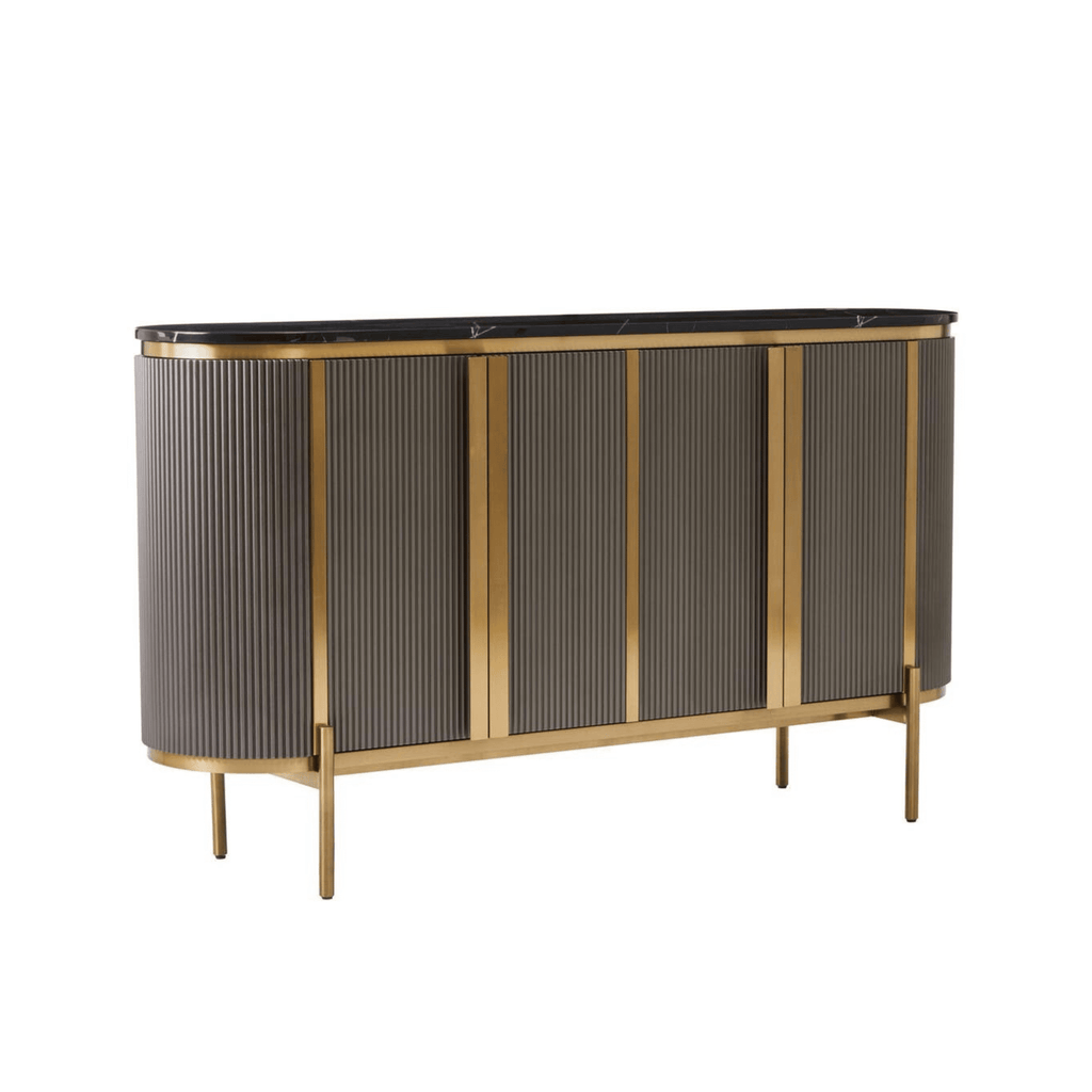 Graues & goldenes geriffeltes Sideboard mit 4 Türen und schwarzer Marmorplatte