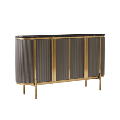 Graues & goldenes geriffeltes Sideboard mit 4 Türen und schwarzer Marmorplatte