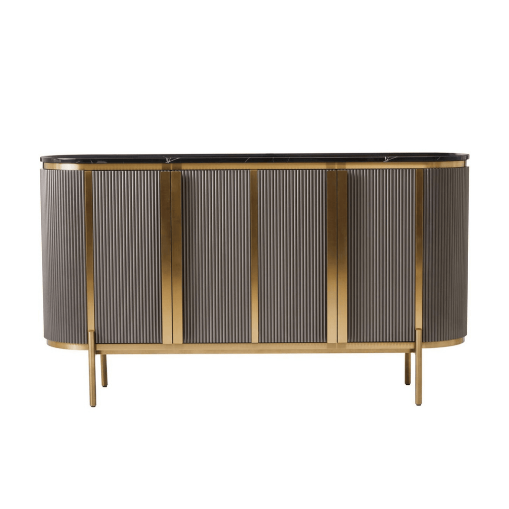 Graues & goldenes geriffeltes Sideboard mit 4 Türen und schwarzer Marmorplatte
