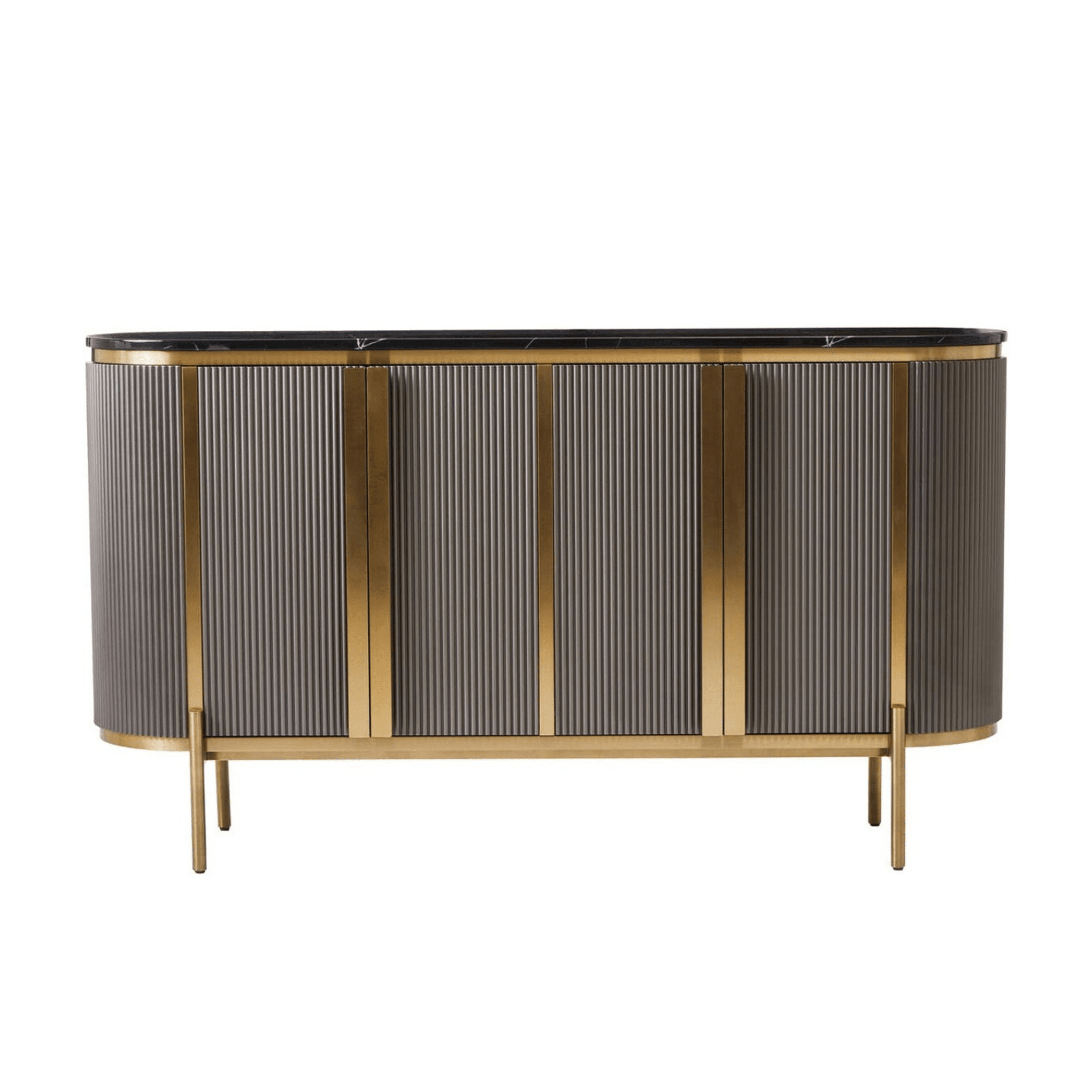 Graues & goldenes geriffeltes Sideboard mit 4 Türen und schwarzer Marmorplatte