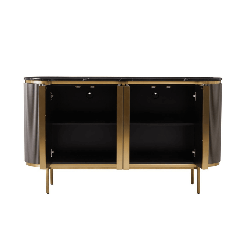 Graues & goldenes geriffeltes Sideboard mit 4 Türen und schwarzer Marmorplatte