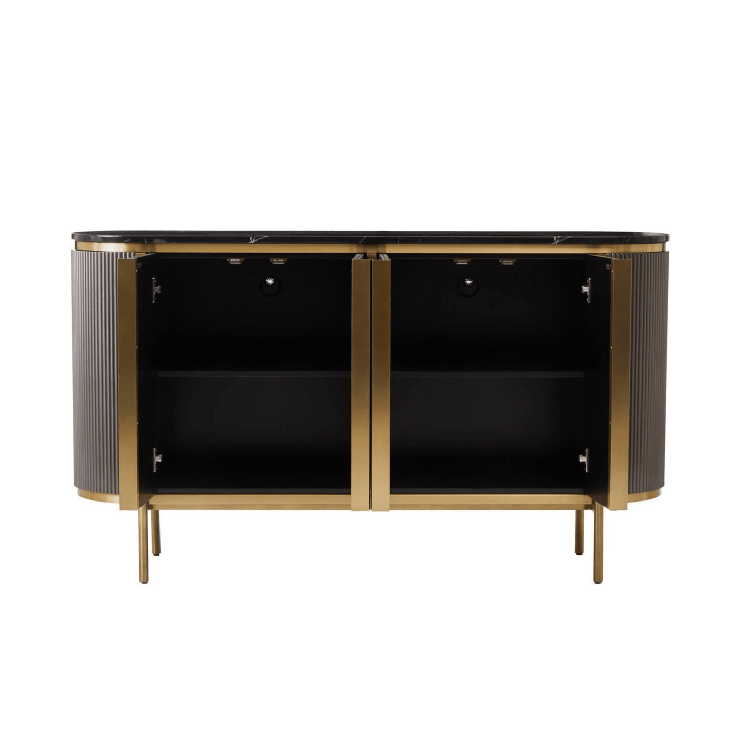 Graues & goldenes geriffeltes Sideboard mit 4 Türen und schwarzer Marmorplatte