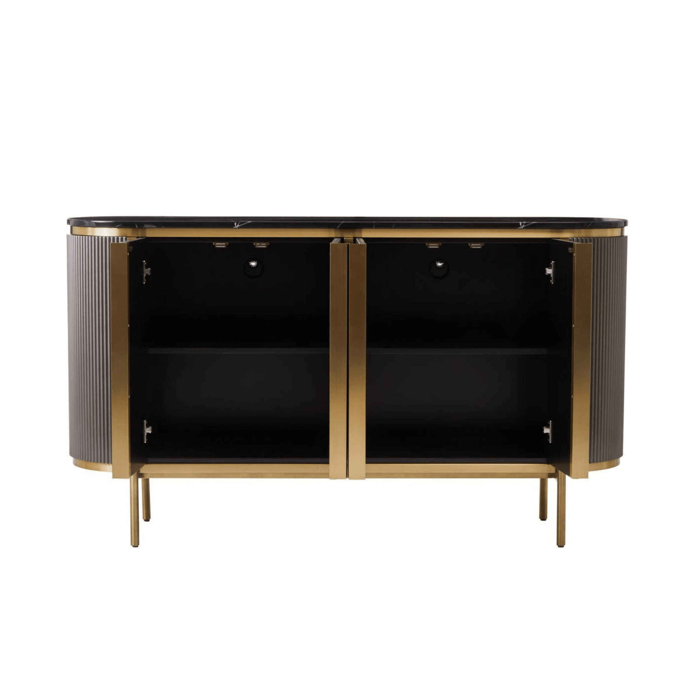 Graues & goldenes geriffeltes Sideboard mit 4 Türen und schwarzer Marmorplatte