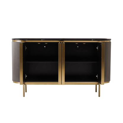 Graues & goldenes geriffeltes Sideboard mit 4 Türen und schwarzer Marmorplatte