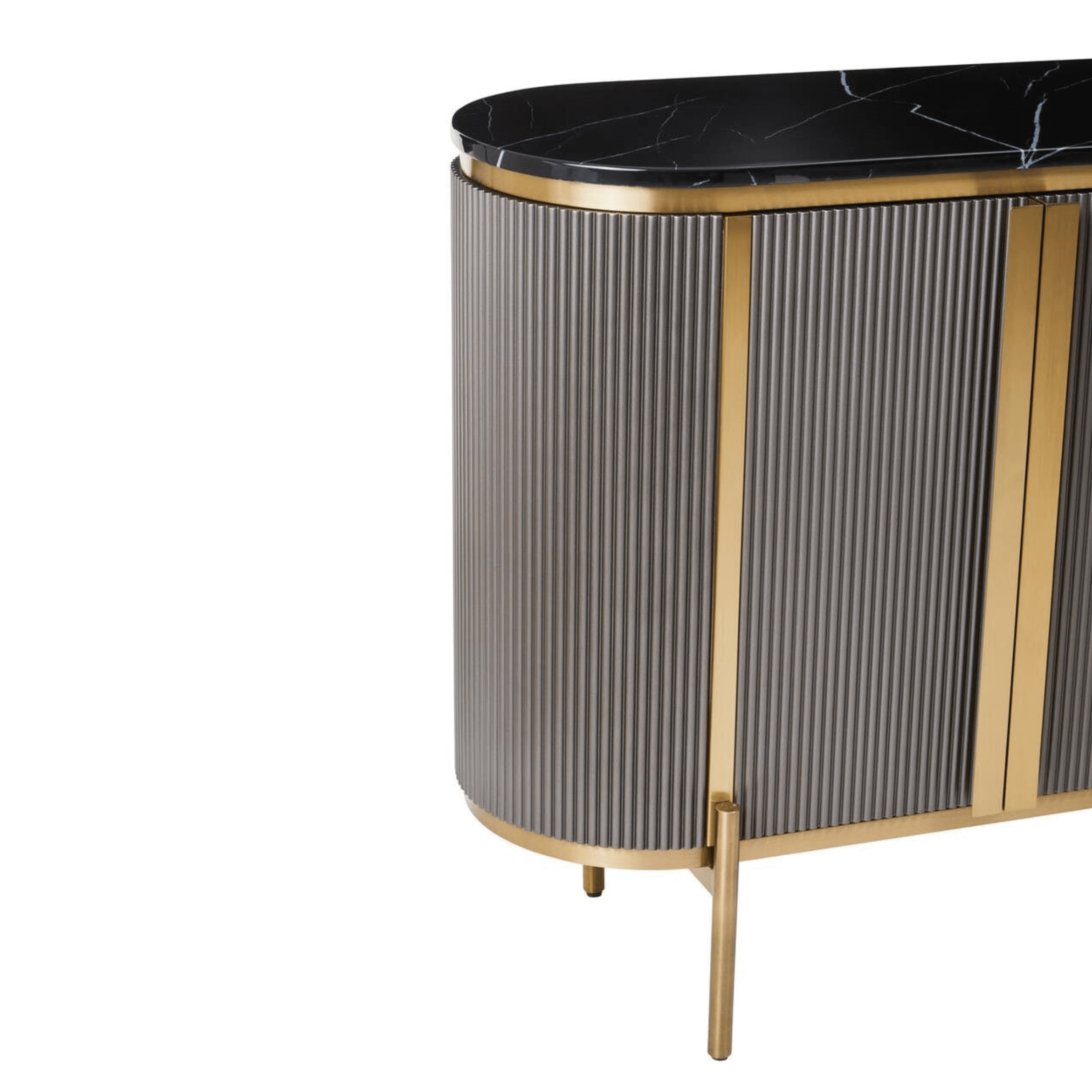 Graues & goldenes geriffeltes Sideboard mit 4 Türen und schwarzer Marmorplatte