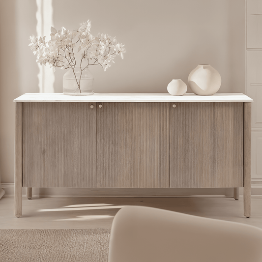 Mango Holz geripptes Sideboard mit 3 Türen und Marmorplatte