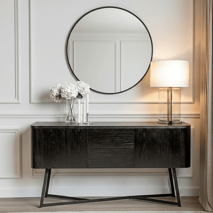 Sideboard mit 2 Türen und 2 Schubladen, Esche Schwarz furniert & Metall