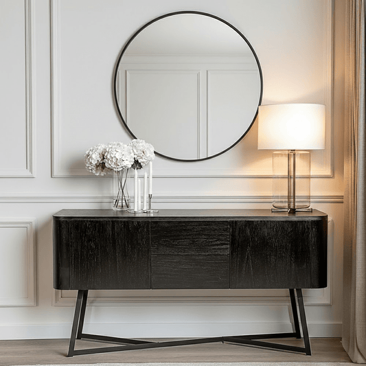Sideboard mit 2 Türen und 2 Schubladen, Esche Schwarz furniert & Metall