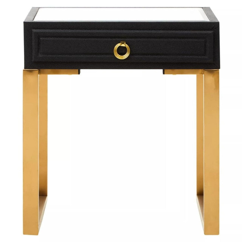 Nachttisch mit 1 Schublade in schwarzer Kunstleder-Shagreen-Optik und goldenen Beinen
