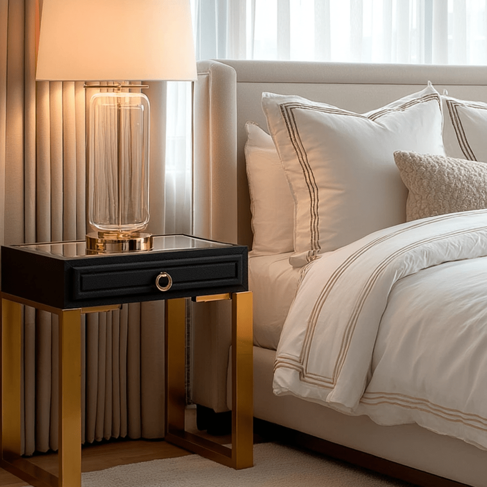 Nachttisch mit 1 Schublade in schwarzer Kunstleder-Shagreen-Optik und goldenen Beinen